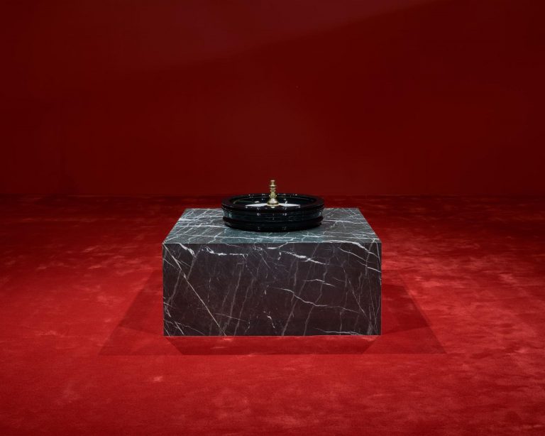 Piero Golia, Still Life (Rotating device), 2024 Decommissioned roulette wheel, motor, marble 38 x 64 x 64 inches (96.5 x 162.6 x 162.6 cm) © Piero Golia. Photo Owen Conway. Courtesy Gagosian